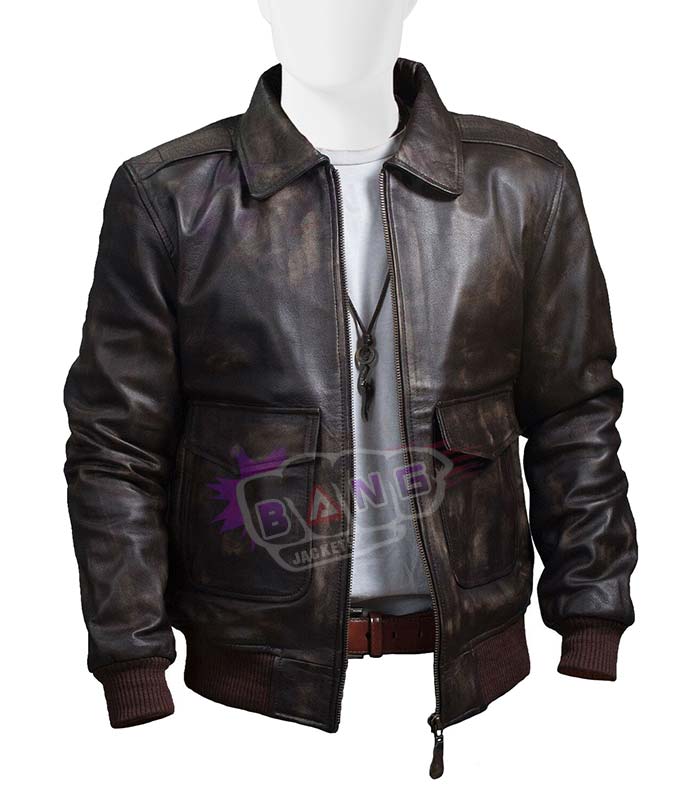 Collect Mens A-2 Distressed USAF Air Force Flight Bomber Brown Leather Jacket